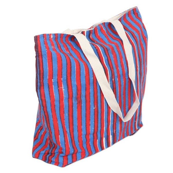Alternate image for Striped Cotton Tote Bag with Block-Printed Pattern in Blue Blue Roads