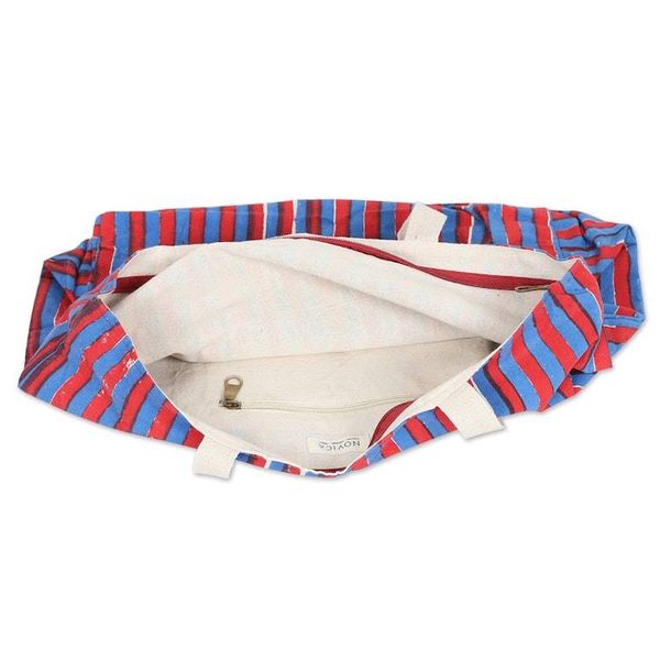 Alternate image for Striped Cotton Tote Bag with Block-Printed Pattern in Blue Blue Roads