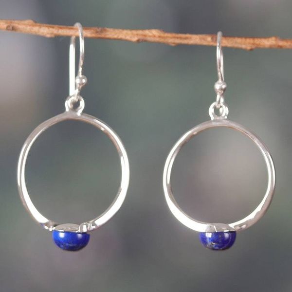 Alternate image for Minimalist Round Dangle Earrings with Lapis Lazuli Cabochons True Moon