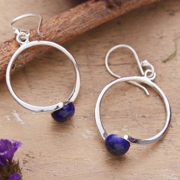 Alternate image for Minimalist Round Dangle Earrings with Lapis Lazuli Cabochons True Moon