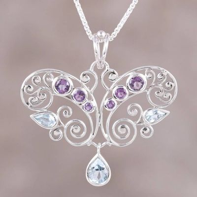 Primary image for Handmade Amethyst and Blue Topaz Pendant Necklace from India Elegant Flutter