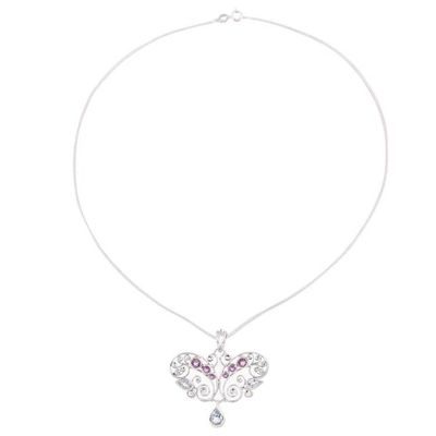 Alternate image for Handmade Amethyst and Blue Topaz Pendant Necklace from India Elegant Flutter