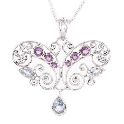 Alternate image for Handmade Amethyst and Blue Topaz Pendant Necklace from India Elegant Flutter