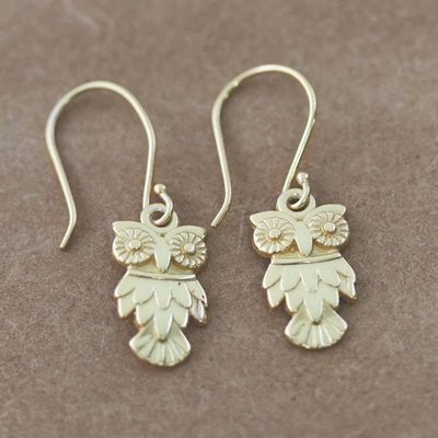 Primary image for Polished 22k Gold-Plated Sterling Silver Owl Dangle Earrings Sage Vision