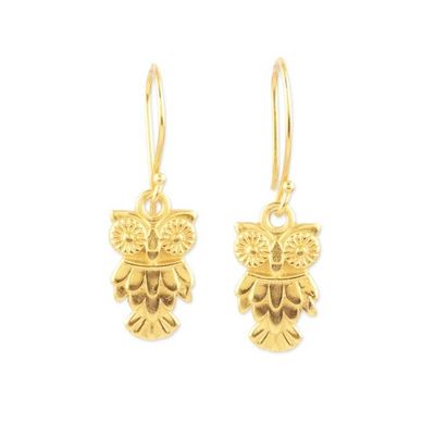Alternate image for Polished 22k Gold-Plated Sterling Silver Owl Dangle Earrings Sage Vision