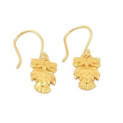 Alternate image for Polished 22k Gold-Plated Sterling Silver Owl Dangle Earrings Sage Vision