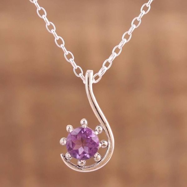 Alternate image for Amethyst and Sterling Silver Pendant Necklace from India Flower Hook