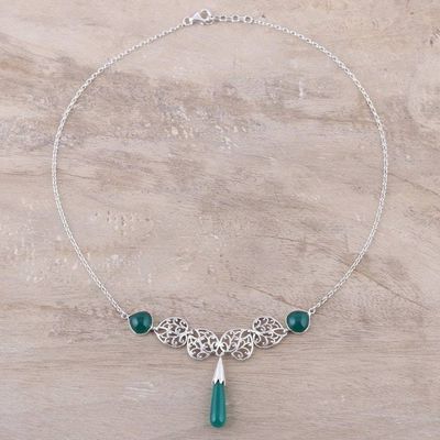 Alternate image for Green Onyx Sterling Silver Nature Leaf Pendant Necklace Forest Style