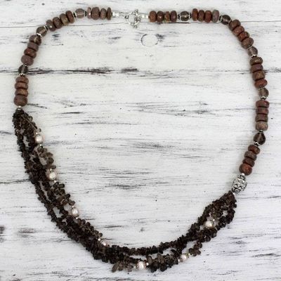 Alternate image for Smoky Quartz Unakite and Pink Pearl Handmade Necklace Dusk Secrets