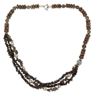 Alternate image for Smoky Quartz Unakite and Pink Pearl Handmade Necklace Dusk Secrets