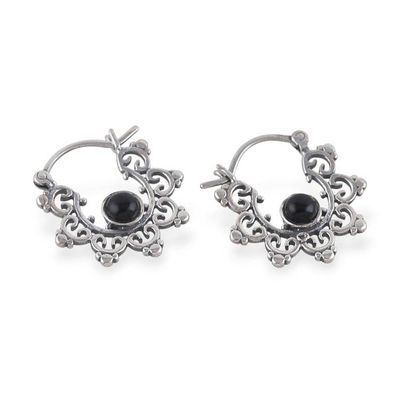 Alternate image for Jali Style Silver Hoop Earrings with Black Onyx Gemstones Black Diadems