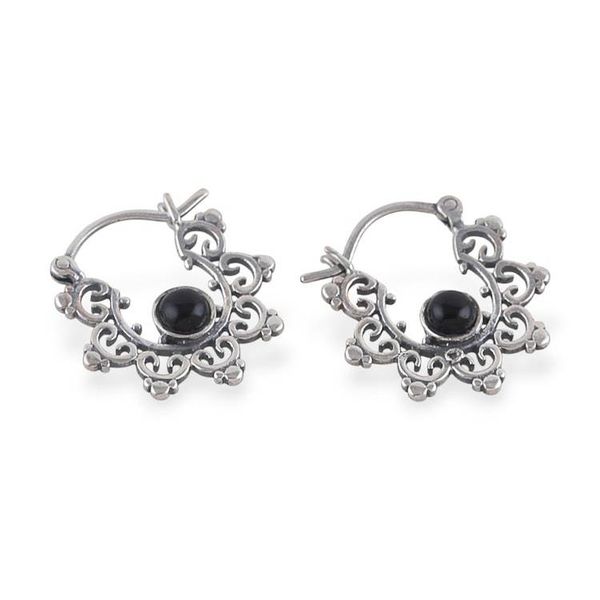 Alternate image for Jali Style Silver Hoop Earrings with Black Onyx Gemstones Black Diadems