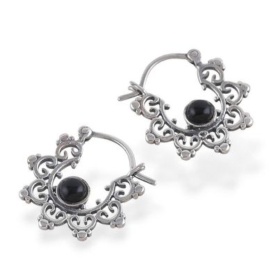 Alternate image for Jali Style Silver Hoop Earrings with Black Onyx Gemstones Black Diadems