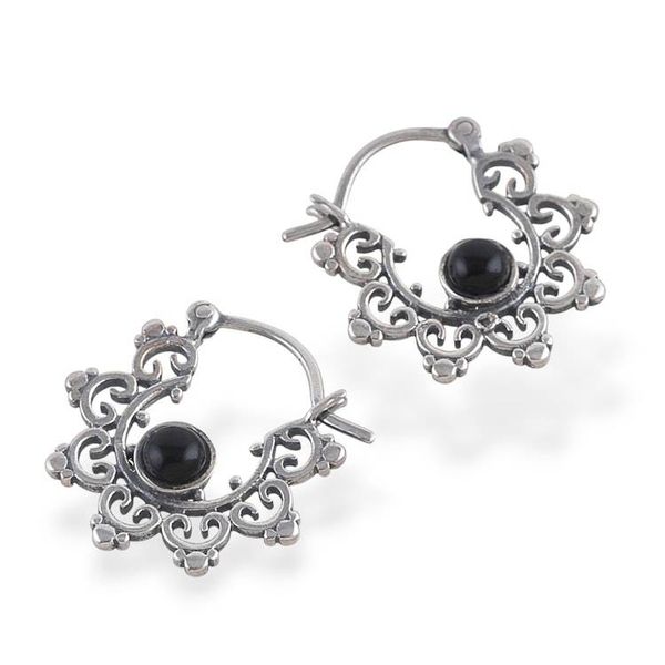 Alternate image for Jali Style Silver Hoop Earrings with Black Onyx Gemstones Black Diadems
