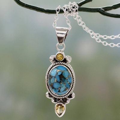 Primary image for Silver Pendant Necklace with Citrine and Composite Turquoise Resplendent in Blue