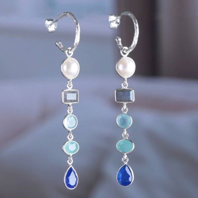 Primary image for Multi-Gemstone Silver Statement Half-Hoop Dangle Earrings Ocean Harmony