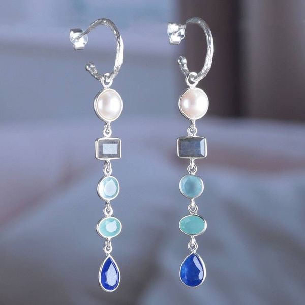 Alternate image for Multi-Gemstone Silver Statement Half-Hoop Dangle Earrings Ocean Harmony