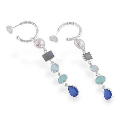Alternate image for Multi-Gemstone Silver Statement Half-Hoop Dangle Earrings Ocean Harmony