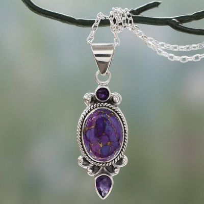 Primary image for Purple Turquoise and Amethyst Pendant Necklace from India Resplendent in Purple