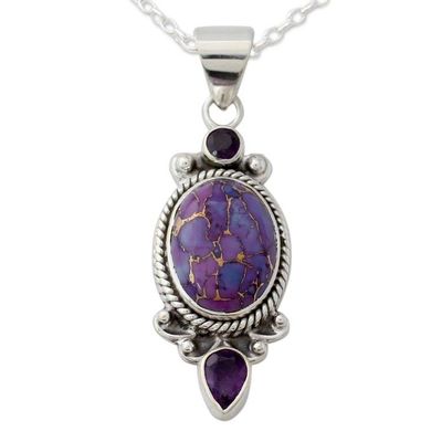 Alternate image for Purple Turquoise and Amethyst Pendant Necklace from India Resplendent in Purple