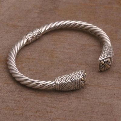 Alternate image for Gold Accented Woven Motif 925 Silver Cuff Bracelet from Bali Janur Temple