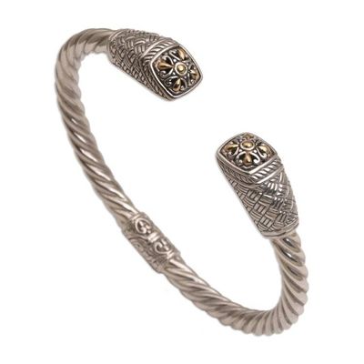 Alternate image for Gold Accented Woven Motif 925 Silver Cuff Bracelet from Bali Janur Temple