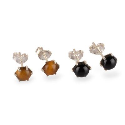 Primary image for Prong-Set Onyx and Tigers Eye Cabochon Stud Earring Set Fiery Glints