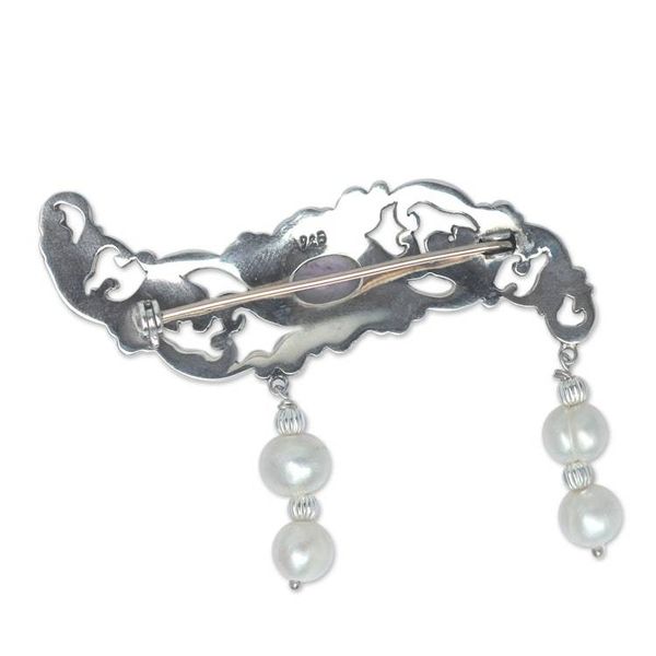 Alternate image for Amethyst and Pearl Sterling Silver Brooch Pin Misty Dew