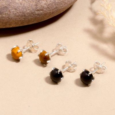 Alternate image for Prong-Set Onyx and Tigers Eye Cabochon Stud Earring Set Fiery Glints