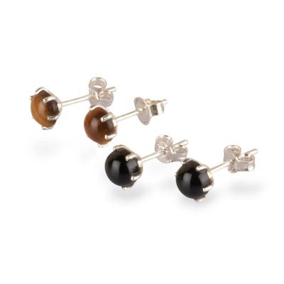 Alternate image for Prong-Set Onyx and Tigers Eye Cabochon Stud Earring Set Fiery Glints