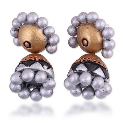 Alternate image for Gold Silver and Black-Hued Ceramic Jhumki Statement Earrings Jhumki Elegance