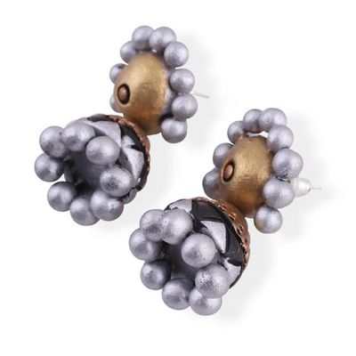 Alternate image for Gold Silver and Black-Hued Ceramic Jhumki Statement Earrings Jhumki Elegance