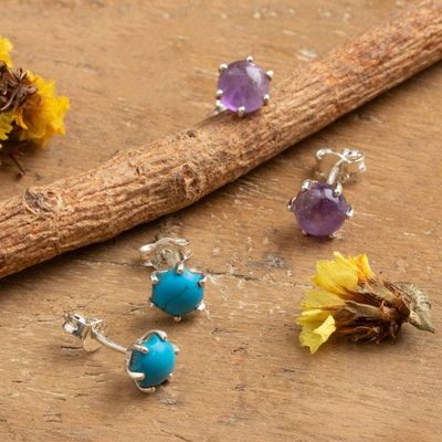 Primary image for 2-Pair Amethyst and Recon Turquoise Stone Stud Earring Set Enchanted Glints