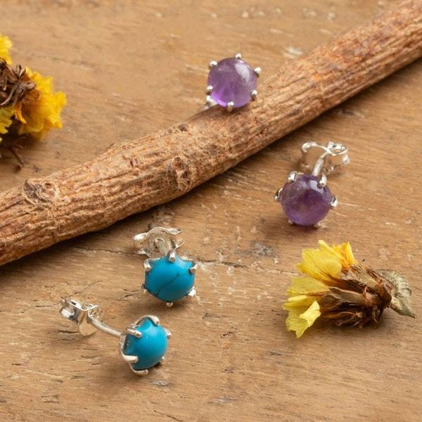Alternate image for 2-Pair Amethyst and Recon Turquoise Stone Stud Earring Set Enchanted Glints