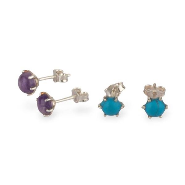 Alternate image for 2-Pair Amethyst and Recon Turquoise Stone Stud Earring Set Enchanted Glints