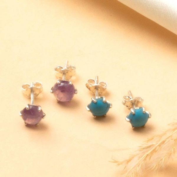 Alternate image for 2-Pair Amethyst and Recon Turquoise Stone Stud Earring Set Enchanted Glints