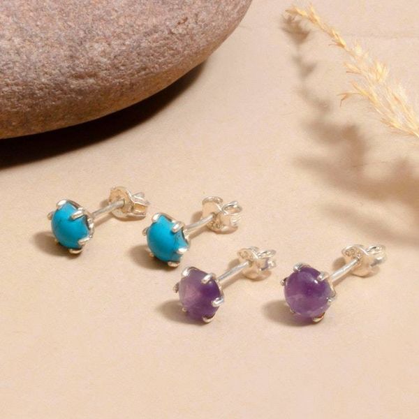 Alternate image for 2-Pair Amethyst and Recon Turquoise Stone Stud Earring Set Enchanted Glints