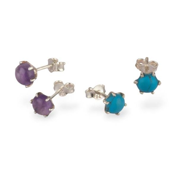 Alternate image for 2-Pair Amethyst and Recon Turquoise Stone Stud Earring Set Enchanted Glints