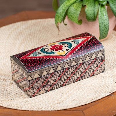 Alternate image for Artisan-Made Folk Art-Themed Red Batik Wood Jewelry Box Flaming Garden