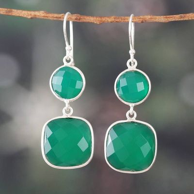 Primary image for Silver Dangle Earrings with Faceted Green Onyx Stones Dazzling Duo in Green