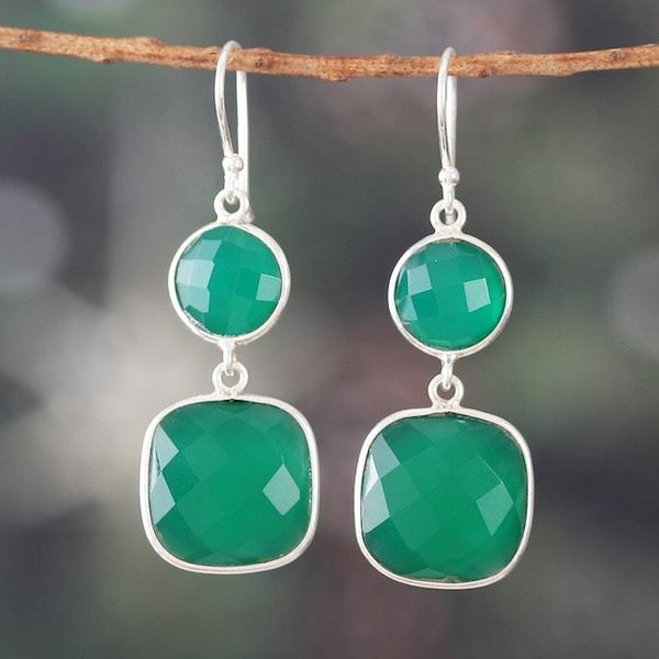 Alternate image for Silver Dangle Earrings with Faceted Green Onyx Stones Dazzling Duo in Green