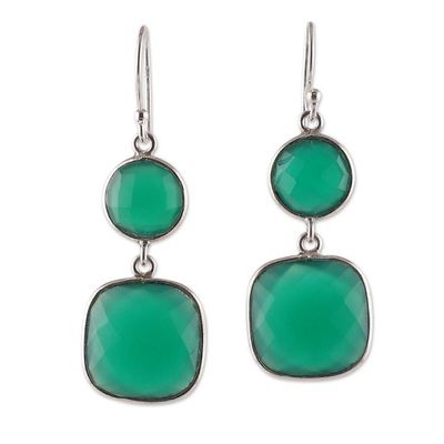 Alternate image for Silver Dangle Earrings with Faceted Green Onyx Stones Dazzling Duo in Green