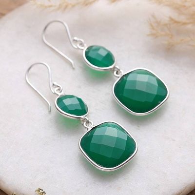 Alternate image for Silver Dangle Earrings with Faceted Green Onyx Stones Dazzling Duo in Green