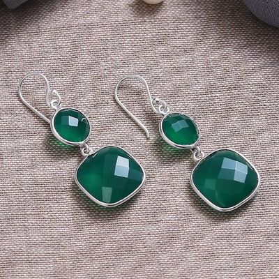 Alternate image for Silver Dangle Earrings with Faceted Green Onyx Stones Dazzling Duo in Green