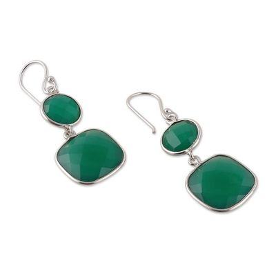 Alternate image for Silver Dangle Earrings with Faceted Green Onyx Stones Dazzling Duo in Green