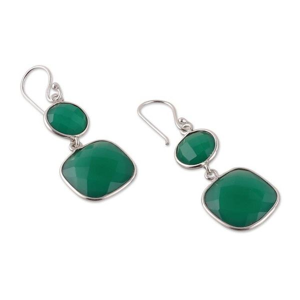 Alternate image for Silver Dangle Earrings with Faceted Green Onyx Stones Dazzling Duo in Green