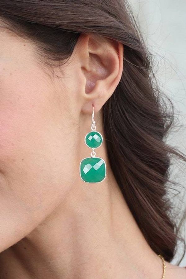 Alternate image for Silver Dangle Earrings with Faceted Green Onyx Stones Dazzling Duo in Green