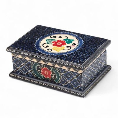 Alternate image for Javanese-Themed Floral Batik Wood Jewelry Box in Blue Hues Nocturnal Hibiscus