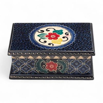 Alternate image for Javanese-Themed Floral Batik Wood Jewelry Box in Blue Hues Nocturnal Hibiscus