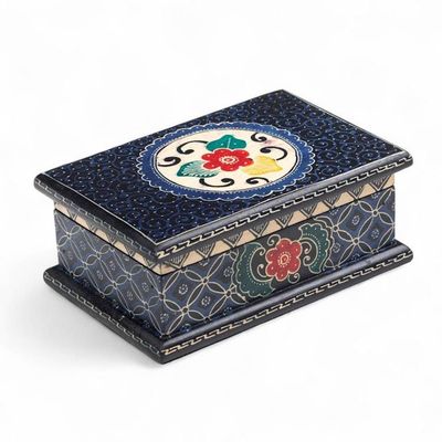 Alternate image for Javanese-Themed Floral Batik Wood Jewelry Box in Blue Hues Nocturnal Hibiscus